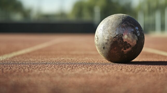 A shot put with a focus on the metal surface and weight, outdoor setting on a field, Minimalist style