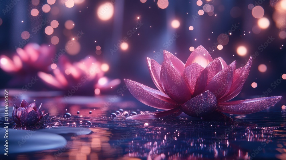 Poster serene water lilies with glowing bokeh in tranquil setting