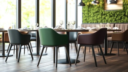 Modern Restaurant Interior with Stylish Chairs and Natural Decor