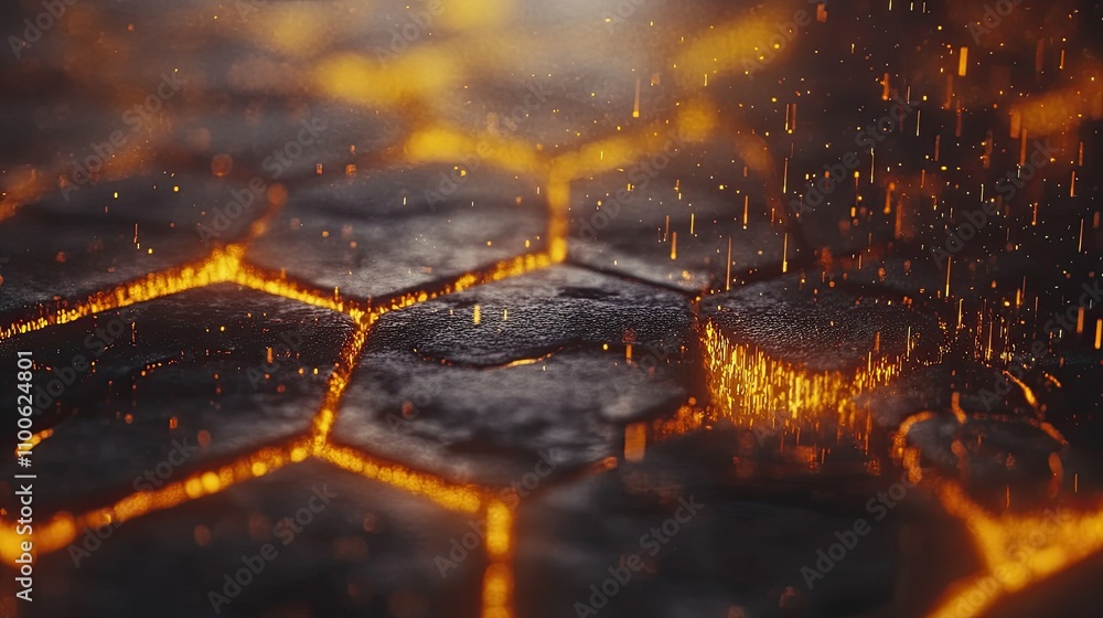 Poster hexagonal surface with glowing lava and sparkles in dark background