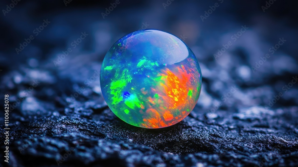 Poster colorful opal sphere on dark textured surface with bokeh effect