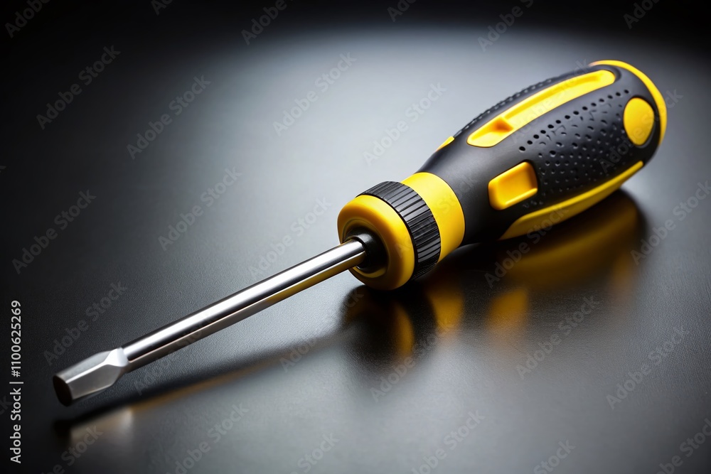 Poster close-up of a screwdriver with a yellow and black handle on a plain background for industrial and di