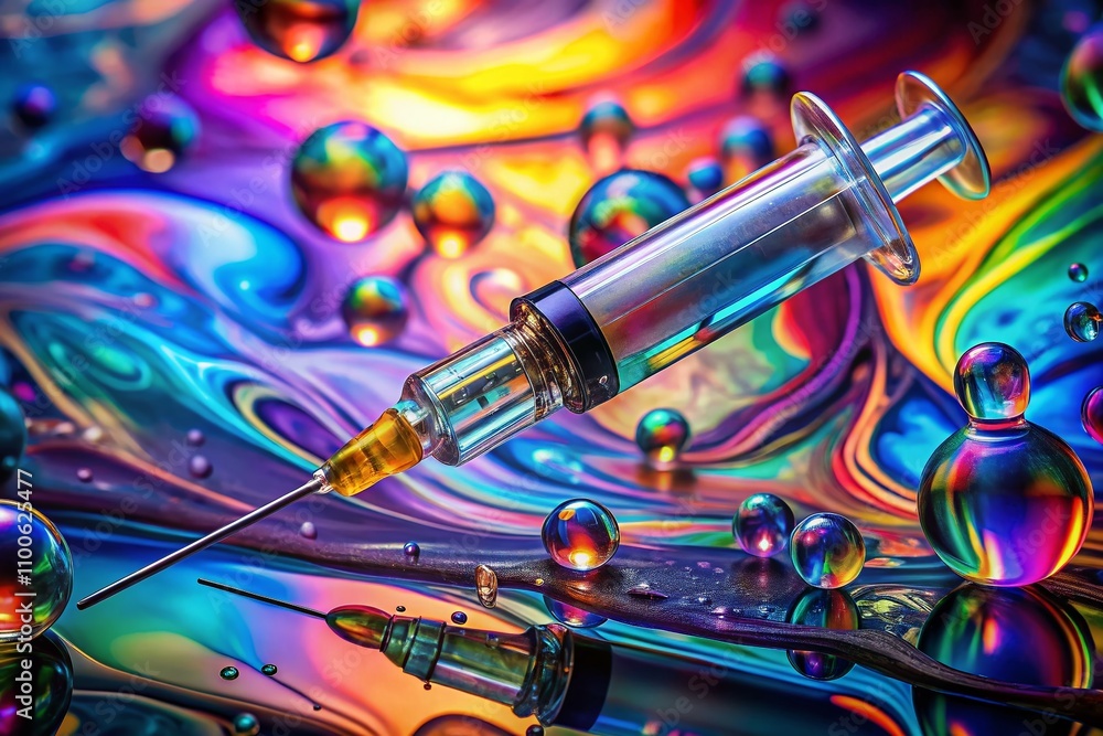 Poster close-up of a syringe filled with viscous liquid, surreal imagery capturing the essence of transform