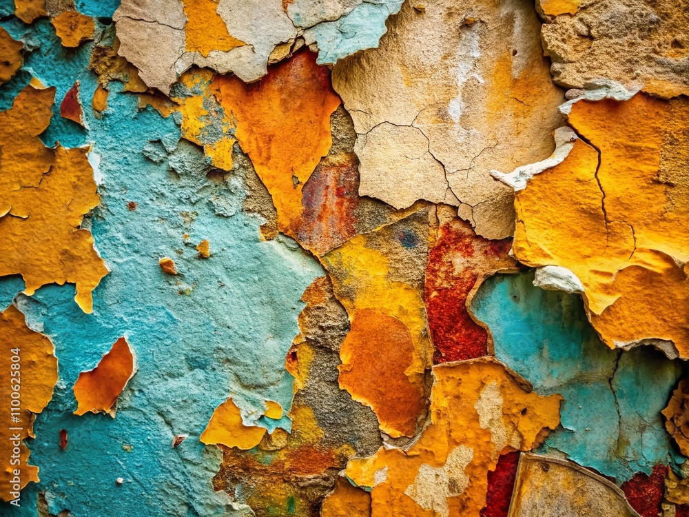 Aufkleber close-up of a weathered wall covered in plaster with intricate textures and patterns, showcasing the
