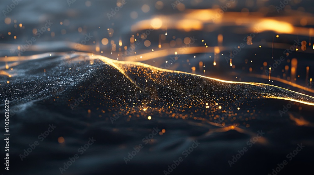 Poster glowing particles on dark surface with subtle light reflections