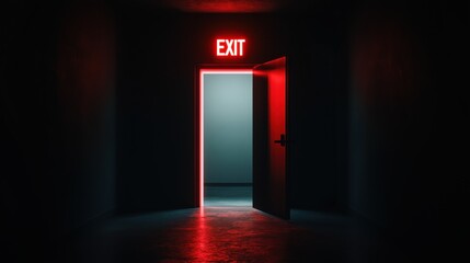 Open Door with Glowing Red Exit Sign in Dark Hallway