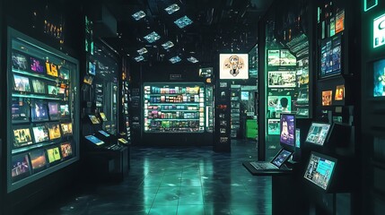 Obraz premium Futuristic Interior with Neon Lights and Screens