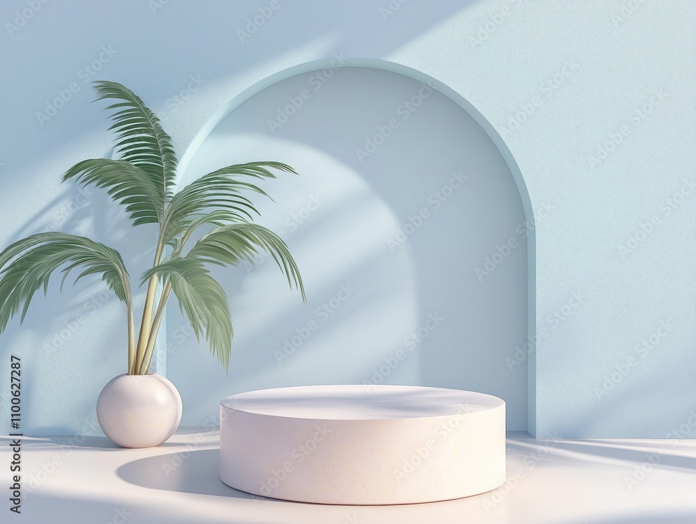 Poster minimalist display podium with summer background. empty pedestal with light blue walls and palm tree