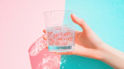 Clear Glass of Sparkling Water Held Against Vibrant Background