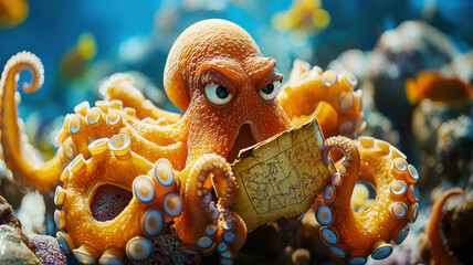A cheerful octopus in the deep blue sea presenting a treasure map to a group of curious sea animals, surrounded by coral and bubbles, evoking an adventurous underwater tale.
