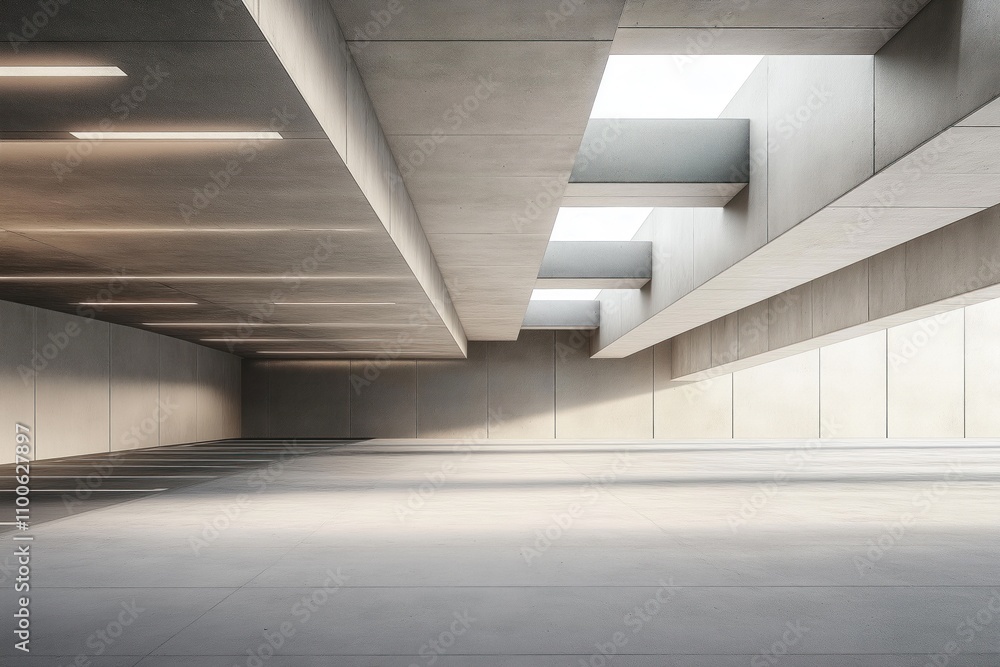 Poster empty modern concrete parking garage. clean design. large open space with geometric structure. light