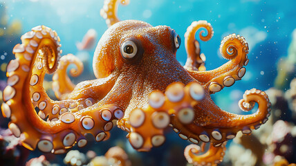 Obraz premium A cheerful octopus in the deep blue sea presenting a treasure map to a group of curious sea animals, surrounded by coral and bubbles, evoking an adventurous underwater tale.