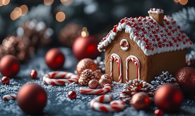 A gingerbread house with red and white icing sits on a table with a bunch of red