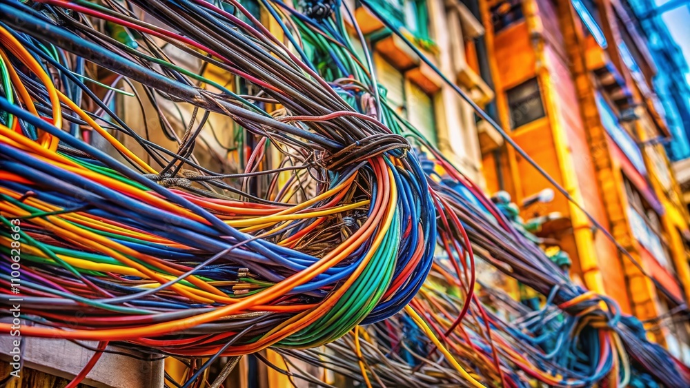 Poster close-up of tangled electrical wires in urban environment for technology and electronics illustratio
