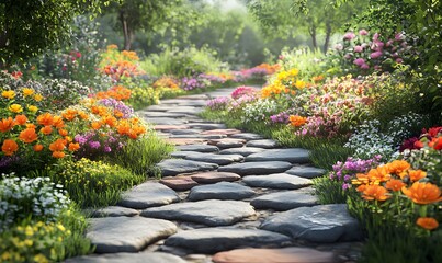 A garden pathway lined with an assortment of colorful flowers, inviting the viewer to explore.
