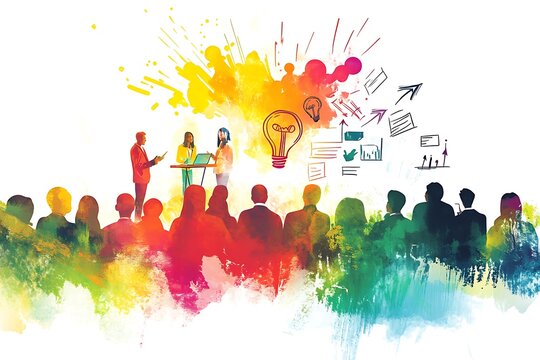 Illustrate the success and excitement of a startup pitch event, showcasing entrepreneurs presenting innovative ideas, potential investors, and the entrepreneurial spirit in action, design,


