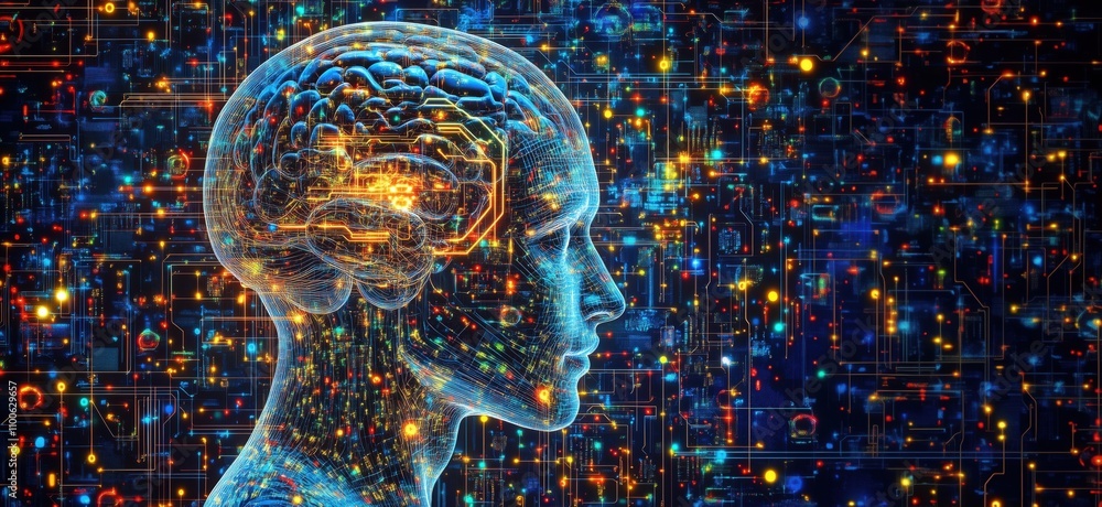 Poster digital brain visualization with neural connections and circuitry, glowing lights, abstract technolo