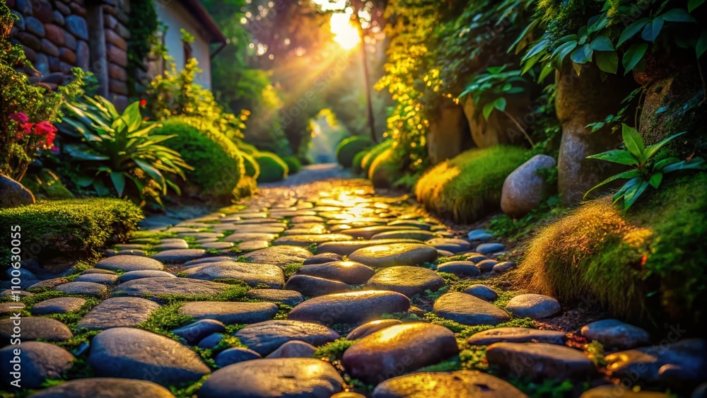 Poster close-up texture of a worn cobblestone pathway surrounded by lush greenery, capturing the beauty of 