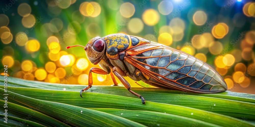Poster close-up view of a huge cicada resting on a corn leaf with bokeh effect capturing nature's details i