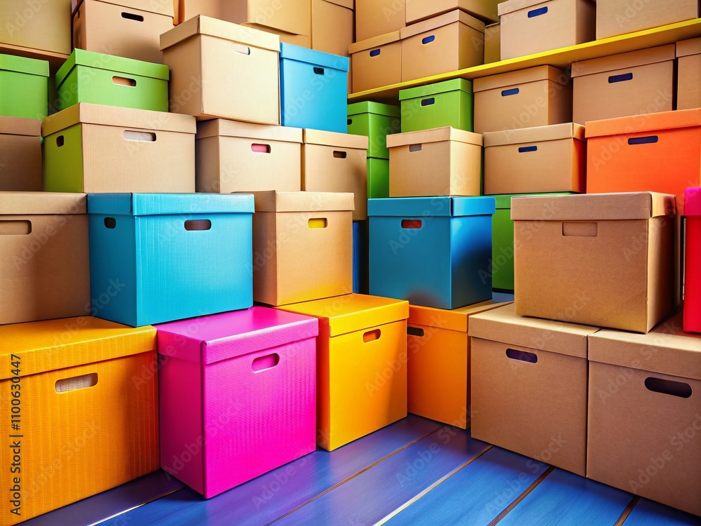 Poster close-up view of empty cardboard boxes with covers for storage and relocation, showcasing sorted pac