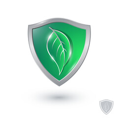 Protection icon. Glossy green shield with Green leaf. Save environment  and vegetation. Saving nature icon.