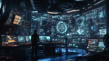 Obraz premium Cyberpunk Control Room with Futuristic Displays