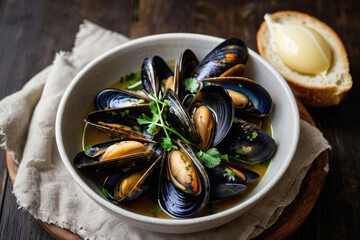A  Mussels in White Wine and Garlic Broth