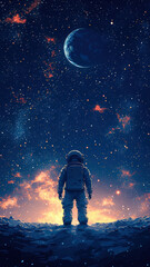 Obraz premium A poster illustrating an astronaut floating in space, surrounded by glowing stars, with the Earth visible in the distance. 