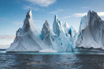 Towering icebergs reflect sunlight in a serene ocean landscape during a clear day in the Arctic