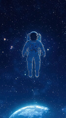 Fototapeta premium A poster illustrating an astronaut floating in space, surrounded by glowing stars, with the Earth visible in the distance. 