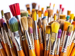 Fototapeta premium Collection of Professional Artist Paint Brushes on White Background for Art Supplies, Creative Projects, and Painting Tools, Ideal for Graphic Design and Stock Photography Needs