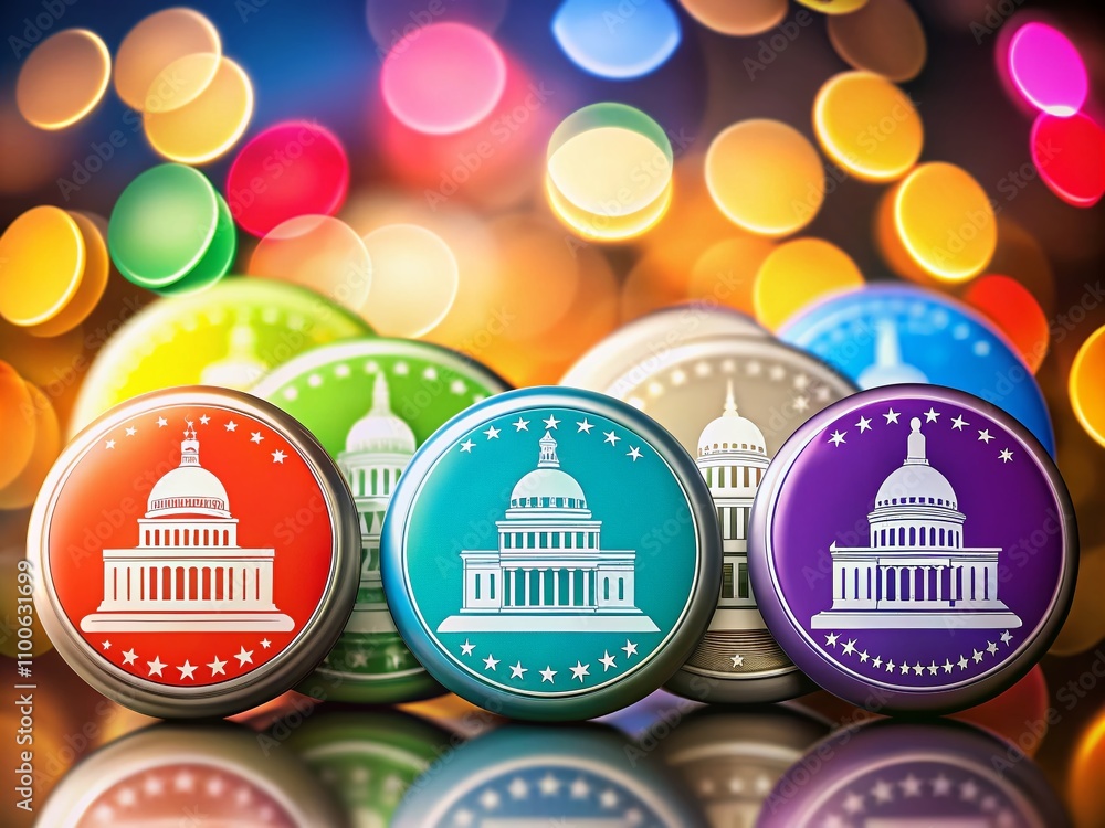 Poster colorful capitol building logo icons in circular buttons with copy space for creative design project