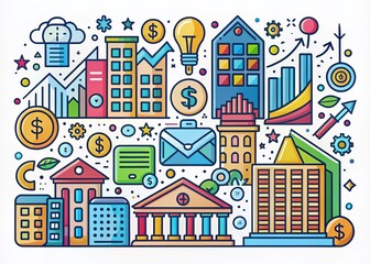 Naklejka premium Colorful Doodle Style Business Symbols Representing Education, Finance, and Banking for Creative Marketing and Informative Material in Commercial Sectors