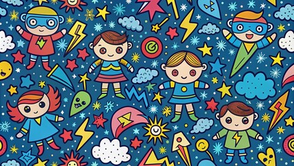Fototapeta premium Colorful Doodle Superhero Patterns with Lightning Signs and Stars for Kids' Tees, Perfect for Playful Fashion and Creative Expression in Children's Apparel Designs