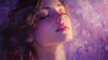 Fototapeta premium Dreamy woman with closed eyes and soft purple background