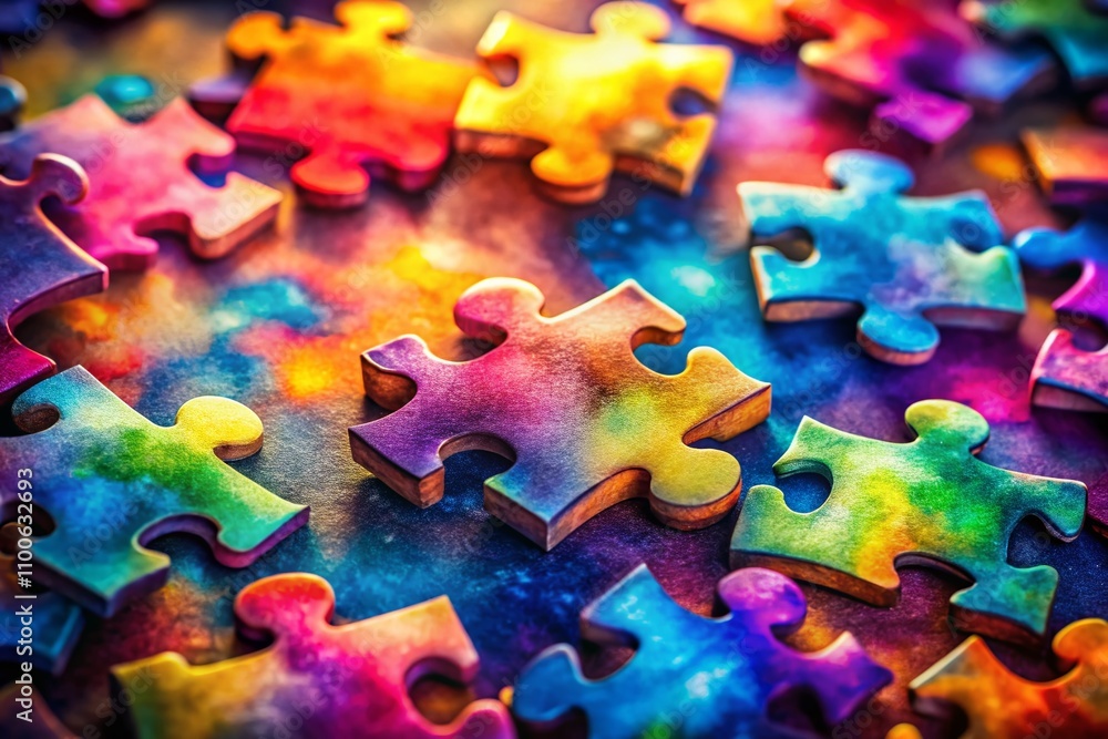 Poster colorful interlocking puzzle pieces with watercolor texture representing connection and diversity in