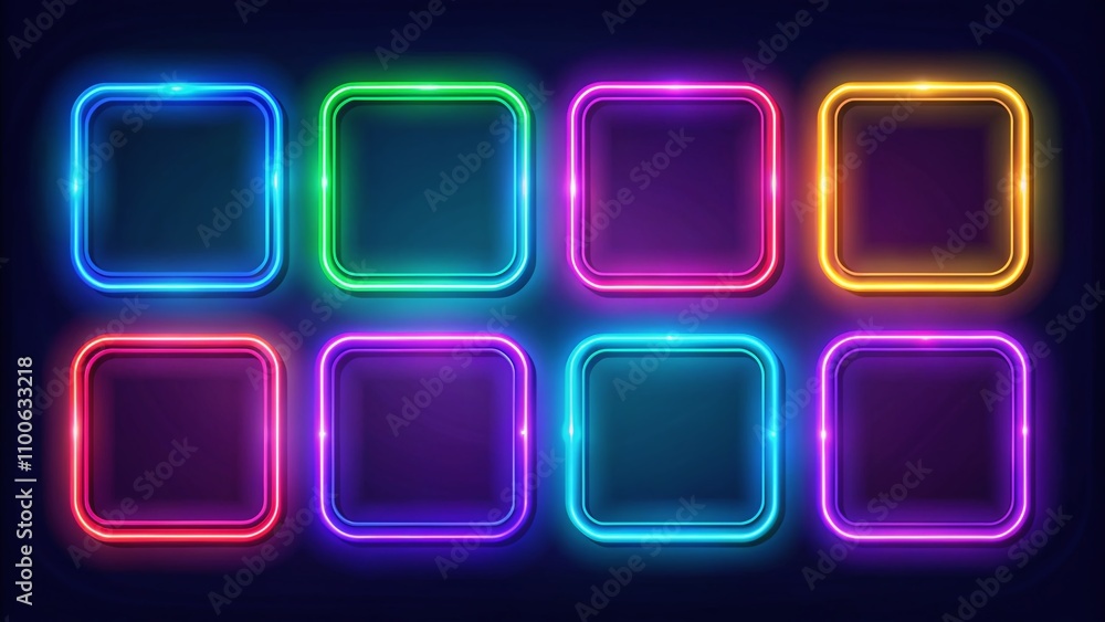 Poster colorful neon button frames with glowing rounded rectangle borders for ui elements, featuring copy s