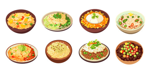 Food on plates vector set, served dish on plate and bowl, variety rice dish recipes, food clip art
