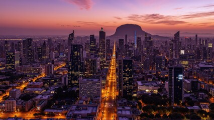 Fototapeta premium Generative AI, Cityscape at Sunset with Iconic Sandstone Monolith
