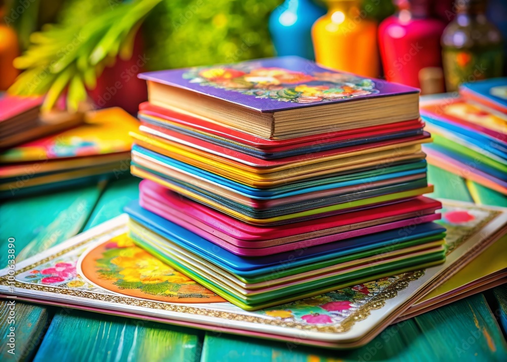 Poster colorful stacked cards arrangement for creative design inspiration and visual interest in compositio