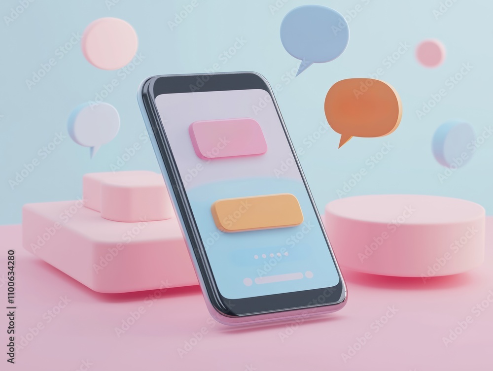 Poster 3d smartphone shows social media chat app. floating speech bubbles. minimalist design. modern tech i
