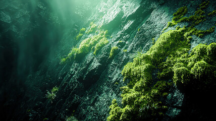 Obraz premium A richly textured rock surface covered in soft green moss, illuminated by soft ambient light, creating an earthy aesthetic.
