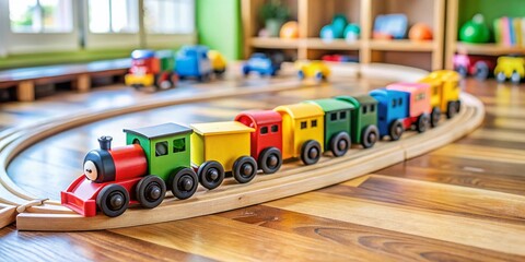 Fototapeta premium Colorful Wooden Toy Train on Miniature Railroad: Educational Play for Preschool and Kindergarten Children
