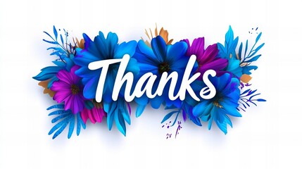 Obraz premium Colorful floral arrangement with the word 'Thanks' in white, featuring vibrant blue and purple flowers.