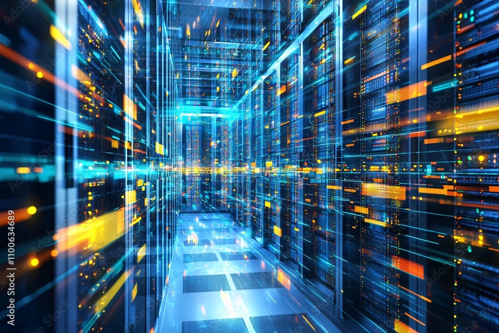 Poster futuristic data center server room network technology digital high tech innovation