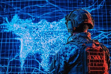Soldier Analyzing Digital Military Map Tactical Data Global Strategy Intelligence Brief