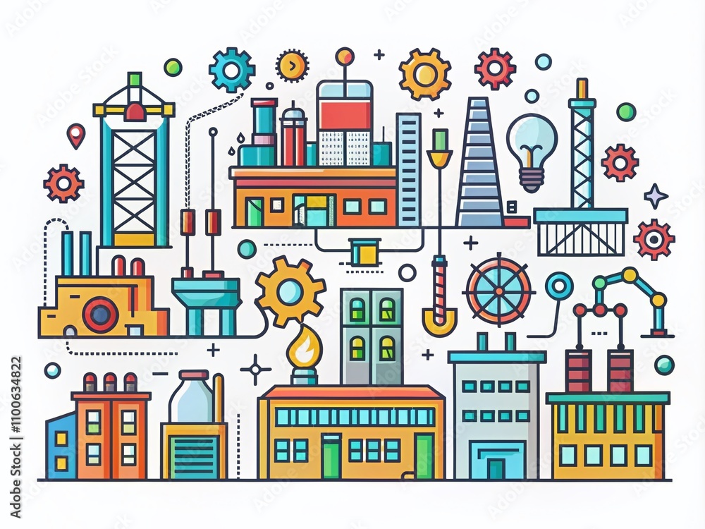 Poster comprehensive industrial and production line icons collection in flat design - thin outline visuals 