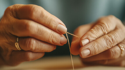 Precision and focus in threading a needle - capturing the essence of craftsmanship and patience