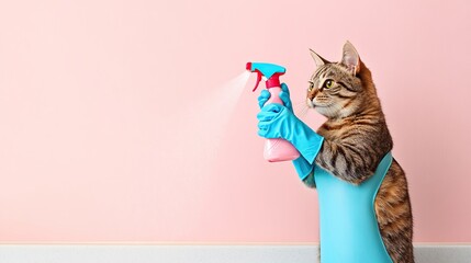Tabby cat in blue apron and gloves spraying cleaner on pink background, house cleaning concept
