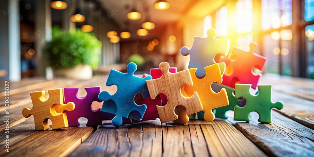Poster connecting puzzle pieces: symbolizing unity and collaboration in problem solving and teamwork for cr